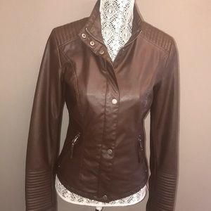 Celebrity pink brown faux leather jacket